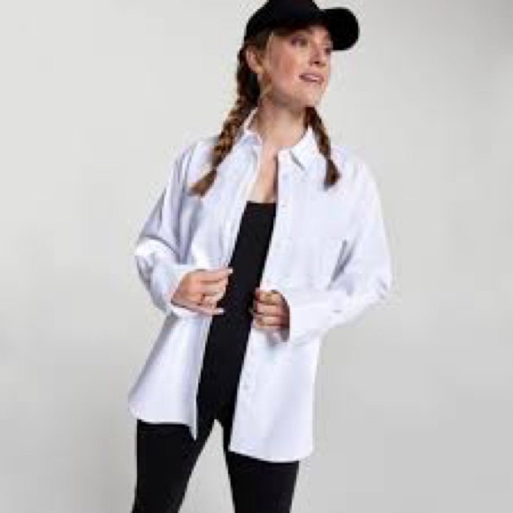 Calia Women's Pure White Cinched Sleeve Button Down Shirt (Sm)
